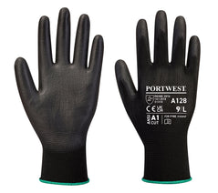 Pair of Portwest A128 PU coated Palm Glove Latex Free in black front and back with white writing on back of palm. 
