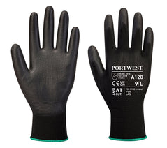 Pair of Portwest A128 PU coated Palm Glove Latex Free in black front and back with white writing on back of palm.