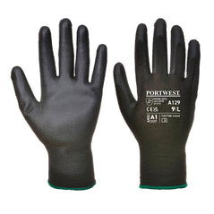 Pair of Portwest A129 PU coated Palm Glove Latex Free in black front and back with white writing on back of palm. 