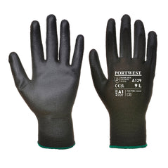 Pair of Portwest A129 PU coated Palm Glove Latex Free in black front and back with white writing on back of palm.