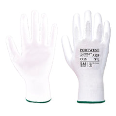 Pair of Portwest A129 PU coated Palm Glove Latex Free in white front and back with black writing on back of palm. 