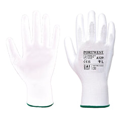 Pair of Portwest A129 PU coated Palm Glove Latex Free in white front and back with black writing on back of palm.