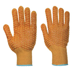 Orange gloves with criss cross pvc for grip.