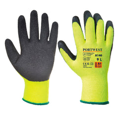 A Pair of Portwest Thermal Grip glove in yellow with black latex coating, black and orange writing on back of palm.