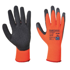 A Pair of Portwest Thermal Grip glove in orange with black latex coating, black and orange writing on back of palm.