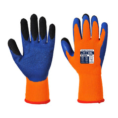 Duo therm cut resistant glove in orange and blue with a black palm and orange cuff.