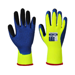 Duo therm cut resistant glove in yellow and blue with a black palm and yellow cuff.