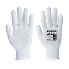 A pair of Antistatic Shell Gloves in grey with knitted palms, elasticated wrists and Portwest branding on back.
