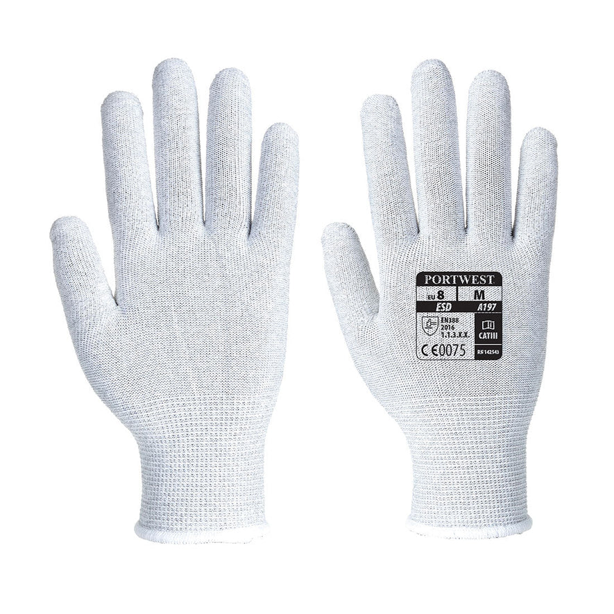 A pair of Antistatic Shell Gloves in grey with knitted palms, elasticated wrists and Portwest branding on back.