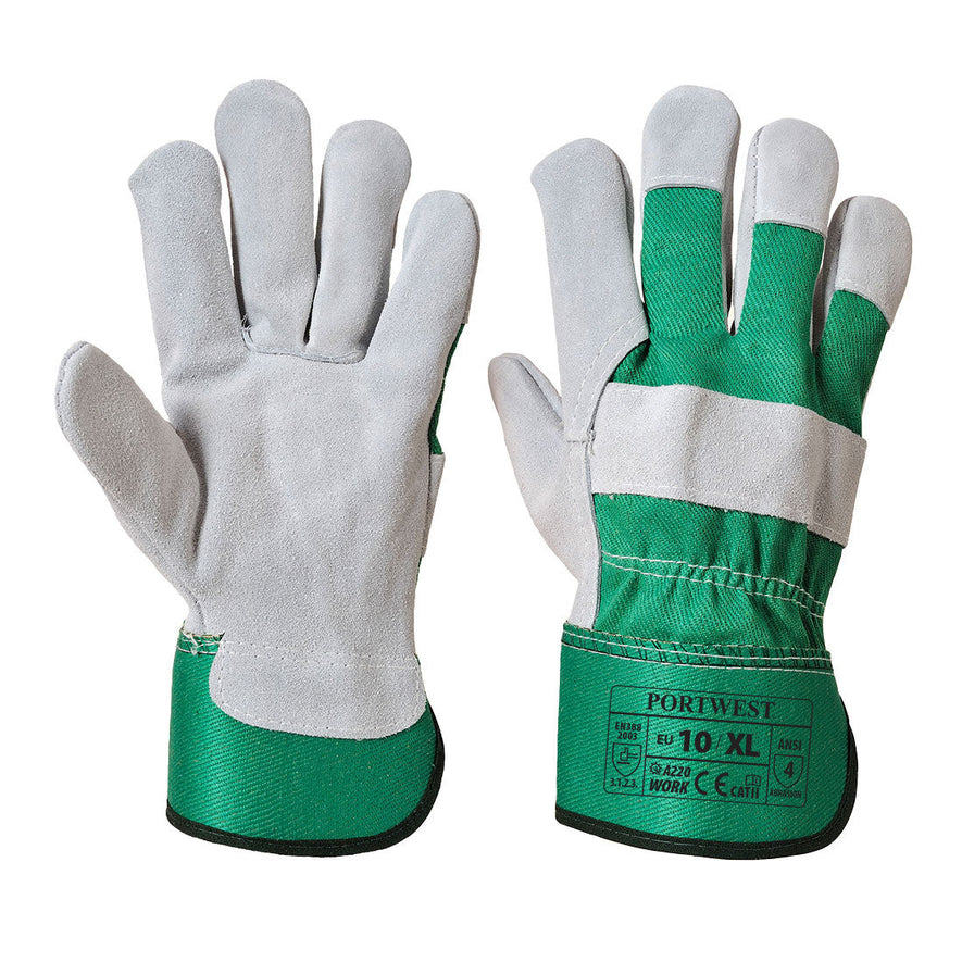 Green nd grey Premium Chrome rigger glove. Glove has grey palm and grey middle of back. With green wrist and back.