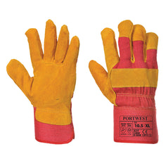 Red and tan fleece lined rigger gloves.
