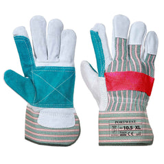 Classic green and grey rigger glove with red stripes.