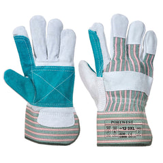 Grey double palm rigger glove with green and red stripes.