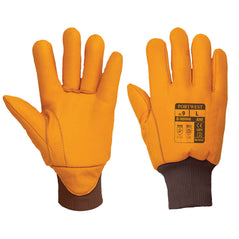 Tan leather insulated glove with brown wrist.
