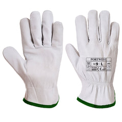 Portwest Oves grey/white drivers gloves. Gloves are white leather and have a green area on the wrist of the glove.