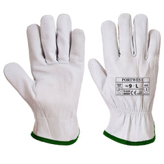 Portwest Oves grey/white drivers gloves. Gloves are white leather and have a green area on the wrist of the glove.