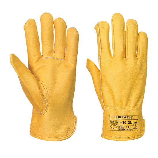 Pair of yellow leather lined drivers glove with portwest branding.