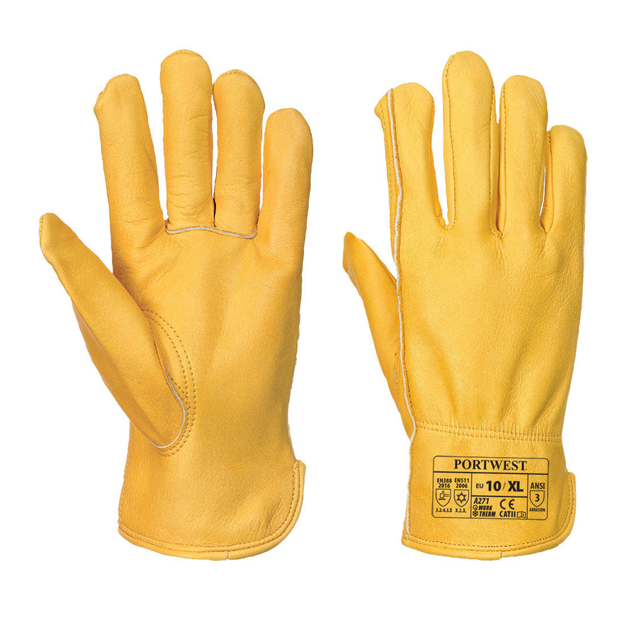 Pair of yellow leather lined drivers glove with portwest branding.