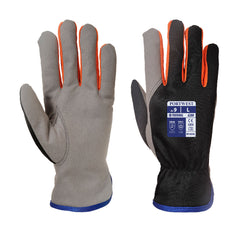 Portwest wintershield glove. Glove has a grey palm, black back, orange between the fingers and blue stitching on the wrist.