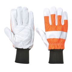 Pair of Portwest Oak Chainsaw protective gloves. Gloves have a black elasticated wrist, White palm as well as a orange and white black/ fingers.