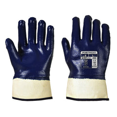 Navy fully dipped nitrile safety cuff gloves. Gloves have a white safety cuff.