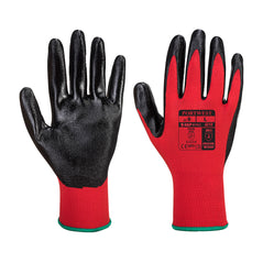 Red and black flex grip nitrile palmed glove. Red back of hand and black palm.