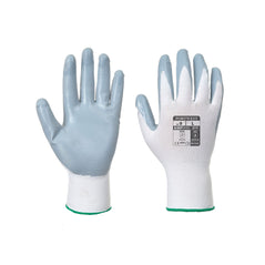 White and grey flex grip nitrile palmed glove. White back of hand and grey palm.