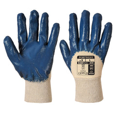 Pair of Portwest nitrile light knitwrist gloves in navy and white. Gole has navy nitrile coating on the fingers and palm of the glove and a knitwrist elasticated wrist in white.