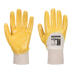 Pair of Portwest nitrile light knitwrist gloves in navy and white. Gole has yellow nitrile coating on the fingers and palm of the glove and a knitwrist elasticated wrist in white.