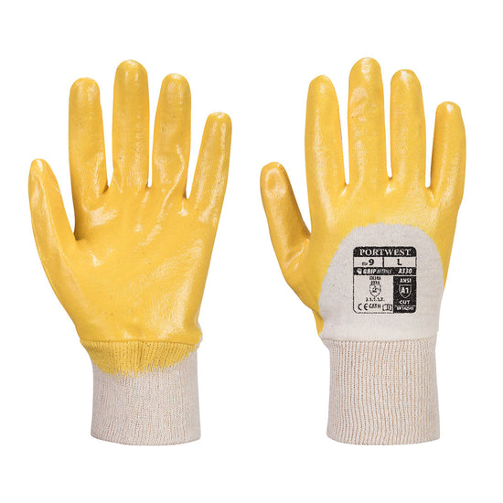 Pair of Portwest nitrile light knitwrist gloves in navy and white. Gole has yellow nitrile coating on the fingers and palm of the glove and a knitwrist elasticated wrist in white.