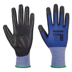 Blue Portwest Senti glove. Glove has blue back of hand, Black palm and back of fingers and green elasticated wrist.