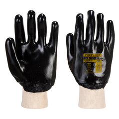 Black PVC knit wrist glove with white cuff. Label with sizing and certification on.