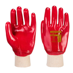 Red PVC knit wrist glove with white cuff. Label with sizing and certification on.