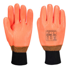 Orange Weatherproof hi vis glove. Glove has orange double dipped PVC palm and black wrist.