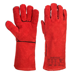 Red Portwest winter welders gauntlet. Gauntlet has black stitching.