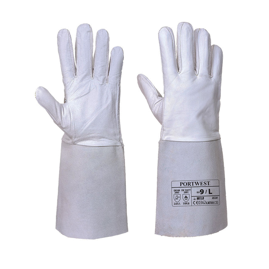 Grey premium portwest tig welding gauntlet pair. Gauntlet's have light grey hand area and darker grey cuff.