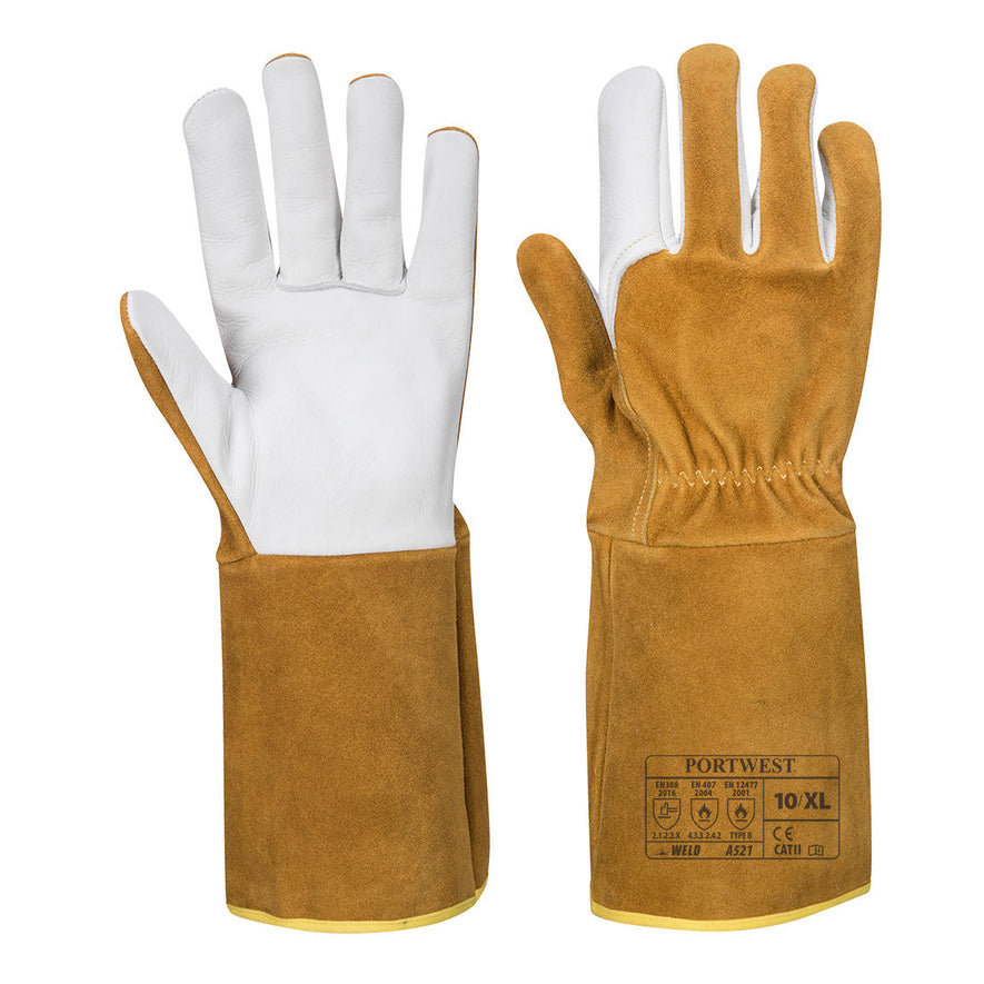 Portwest TIG ultra welding gauntlet. Gauntlet has a brown back of the glove and white palm.