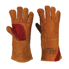 Brown portwest reinforced gauntlet. Gauntlet has red contrast on the thumb and palm area and bottom of the gauntlet.