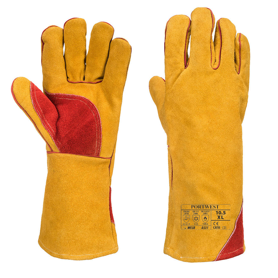 Yellow portwest reinforced welding gauntlet. Gauntlet has red contrast on the thumb and palm area and bottom of the gauntlet.
