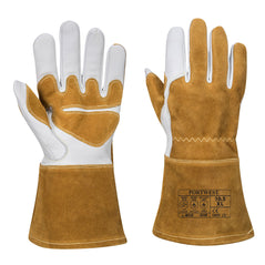 Portwest Ultra welding gauntlet. Gauntlet has a brown back of the glove and white palm.