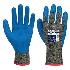 Grey and blue cut level glove with a red elasticated wrist.