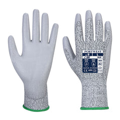 Pair of Grey LR Cut level PU palm glove. Glove has grey backs and palm with green elasticated cuff.