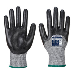 Grey nitrile foam coated glove with black palm and black nitrile coated fingers. Grey elasticated cuff.