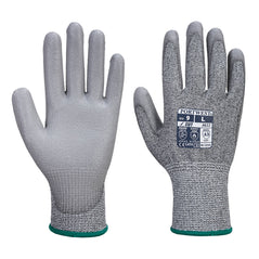 Pair of Grey MR cut PU palm glove. Glove has grey back grey PU palm and green elasticated wrist.