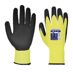 Portwest Vis-Tex Cut resistant hi vis glove. Glove has a Black PU palm and hi vis yellow back.