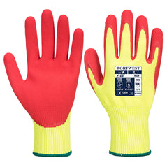 Portwest Vis-Tex Cut resistant glove. Glove has a red nitrile palm and yellow back.