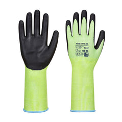 Green work gloves with black grip and long cuff