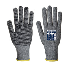 Grey Portwest Sabre cut resistant gloves. Gloves have grey palm, back of glove and wrist. Yellow elasticated wrist cuff and black pvc polka dots.