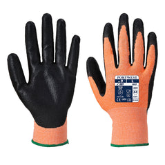 Amber cut resistant gloves with black palm and elasticated wrist green cuff.