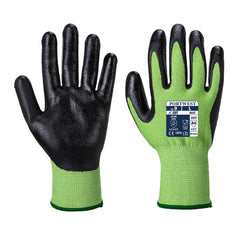 Green cut level nitrile foam gloves with black nitrile foam palm and green back.
